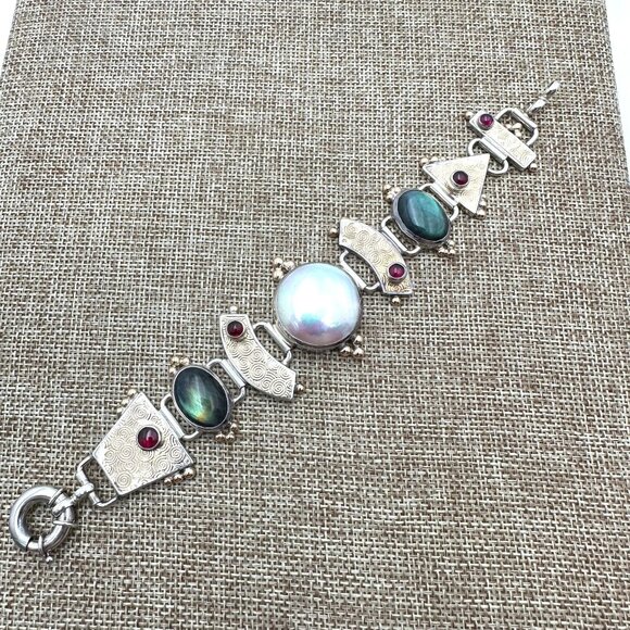 Rare Tricia Young 14K Gold Sterling Silver Pearl Garnet Bracelet - Picture 8 of 9